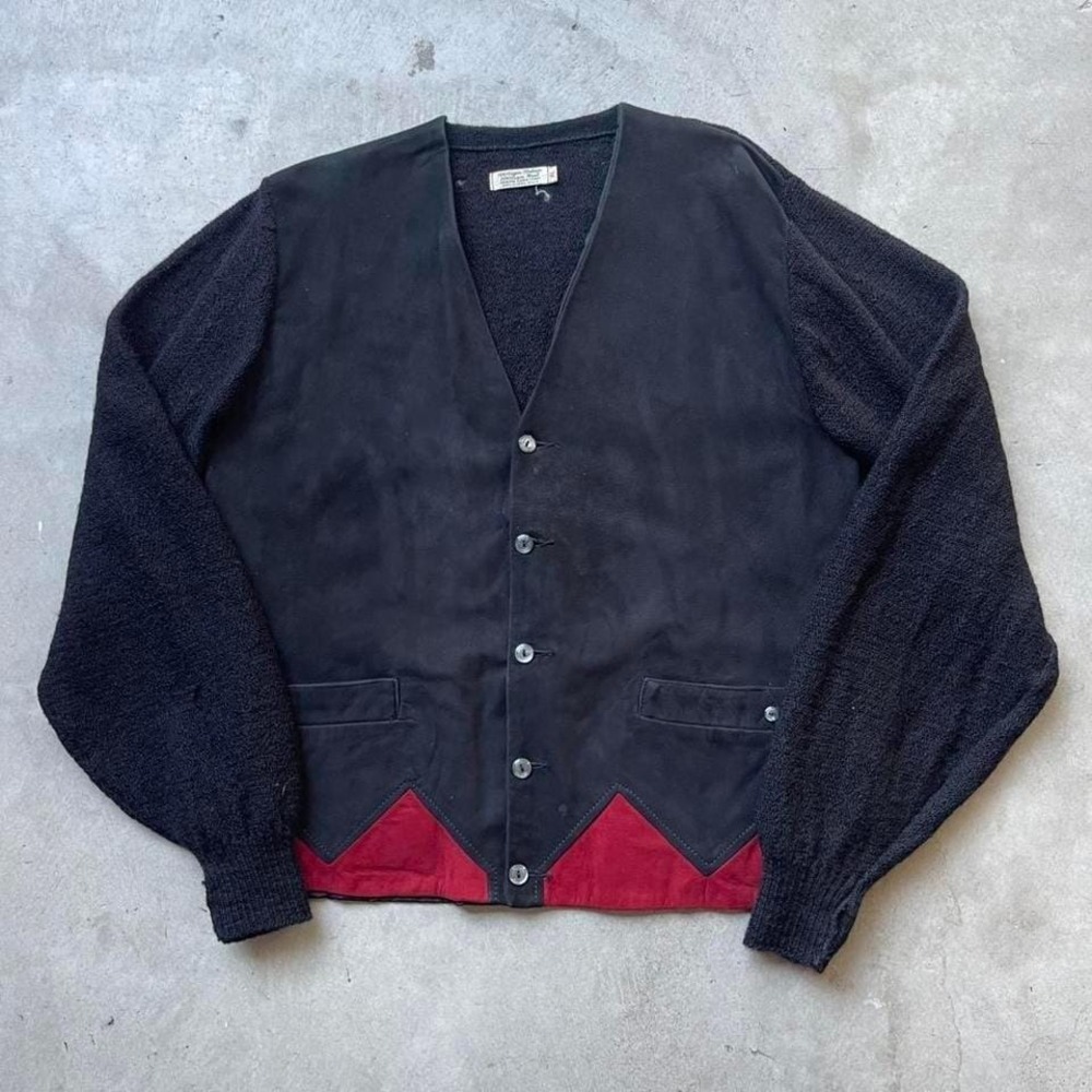 True Vintage 60s Black Mohair Wool Blend Suede Cardigan Large Kurt Cobain Grunge